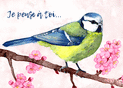 Bonjour avec un oiseau pensif et fleuri